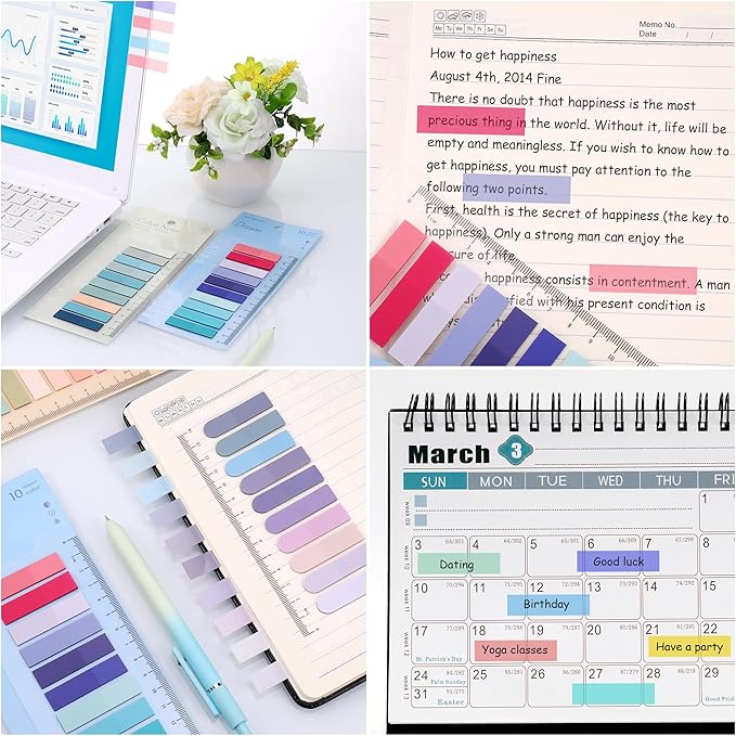 JIANTA Book Tabs for Annotating, 2000Pcs Sticky Tabs with Ruler, Transparent Sticky Notes for Binders, Page Markers for Notebooks, Multi-Colored Writable and Repositionable Book Flags Strip Index Tabs