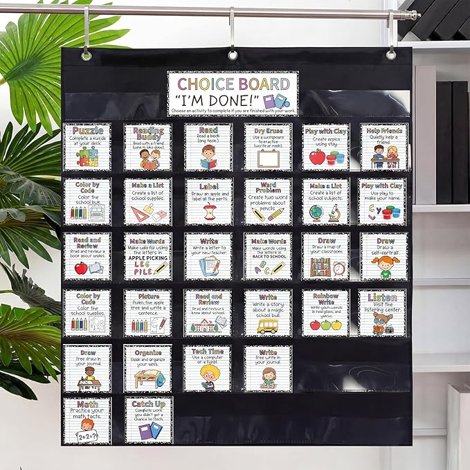 SATINIOR 32 Pcs Pocket Chart for Classroom Jobs Daily Schedule Pocket Chart 28 × 28 Inch When I'm Done Charts with Cards for Fast Finisher Activities K 2 School Teacher Back to School Must Haves