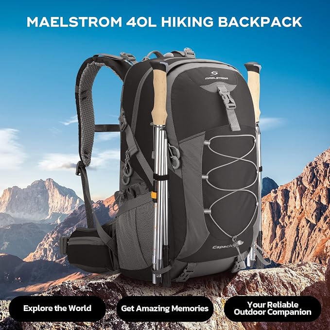 Maelstrom 40L Hiking Backpack, Lightweight Camping Daypack with Rain Cover | Water-Resistant Rip-Stop Nylon, Wet/Dry Separation, Multi-Pockets, Survival Whistle. Ideal For Men, Women, Travel, Trekking