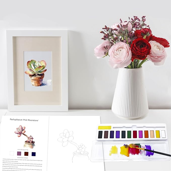 CraftyManor Watercolor Workbook Creative Fruit Water color Paint Book Set with Paints & Brush, 12 Patterns of Original DIY Designs, Beginner-Friendly Adult Coloring Books (Succulent)