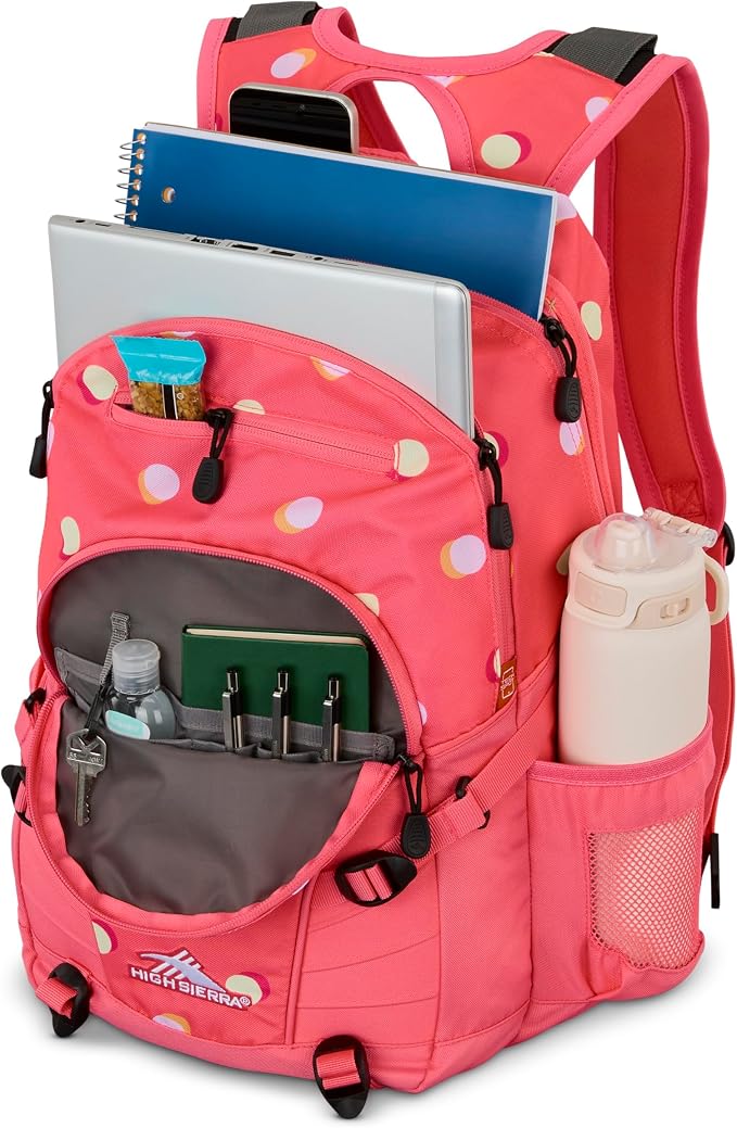 High Sierra Loop Backpack, Travel, or Work Bookbag with tablet sleeve, One Size, POLKA DOTS/THRIFT PINK
