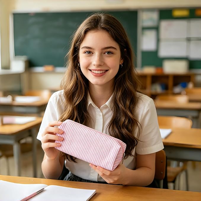 Pencil Case, Pencil Pouch for Women, Pencil Case Small, Pencil Pouch Aesthetic (Striped pink)