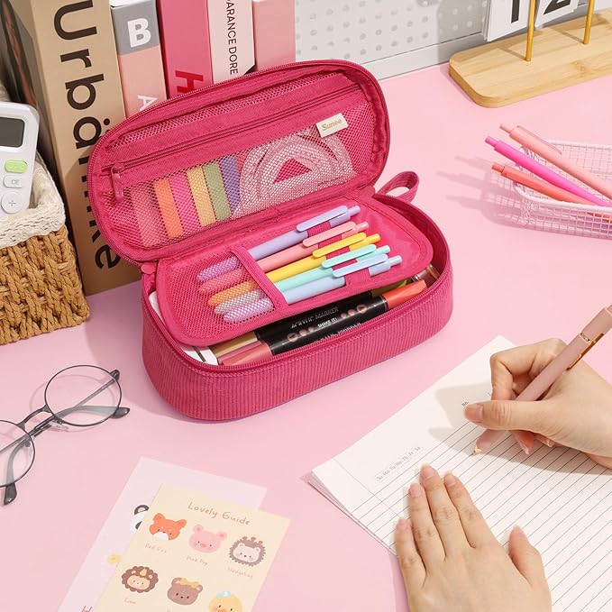 SUNEE Cute Pencil Case, Large Capacity Pencil Pouch, Soft Corduroy Pencil Bag, Big Storage Pen Organizer for Stationery, Aesthetic Pencil Box, Back to School Supplies for Teen Girls Boys, Berry Pink