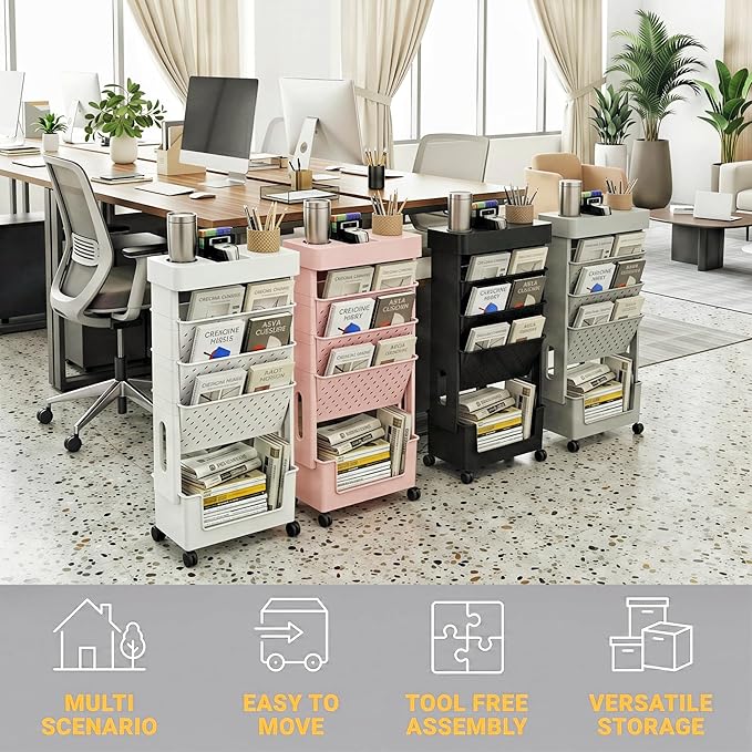 5-Tier Mobile Bookshelf, Rolling Bookcase Book Storage Rack, Movable File Folder Organizer Cart with Wheels for Home Study Office Living Room Classroom, Black