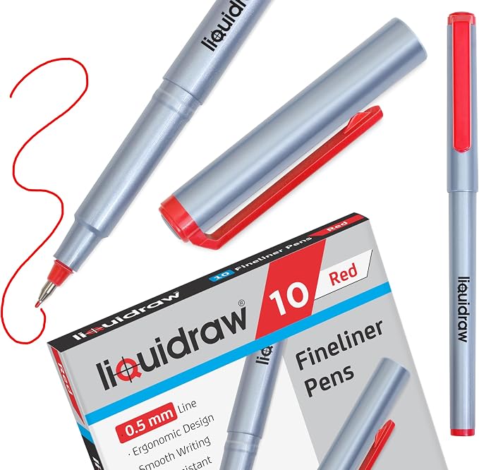 Liquidraw Red Colored Fineliner Pens, Fine 0.5mm Tip, Set of 10