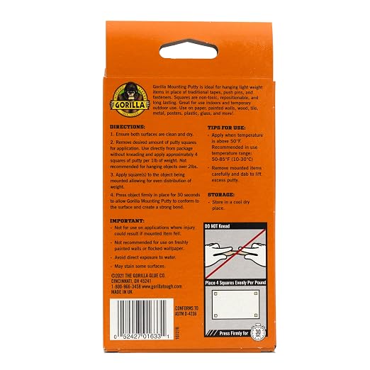 Gorilla Removable Mounting Putty Reusable & Repositionable Adhesive 168 Count Pre-Cut Squares (Pack of 2) Holds 2 lbs. Back to School Supplies for Teachers Students Parents, Indoor Outdoor