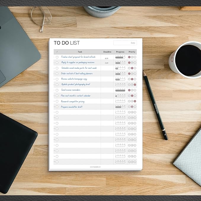 A5 To Do List Notepad – Undated Daily Task Planner Pad with Priority, Progress Tracker & Deadlines – Minimalist Productivity Planner Deskpad – 120gsm Premium Paper – 50 Sheet Checklist Notepad