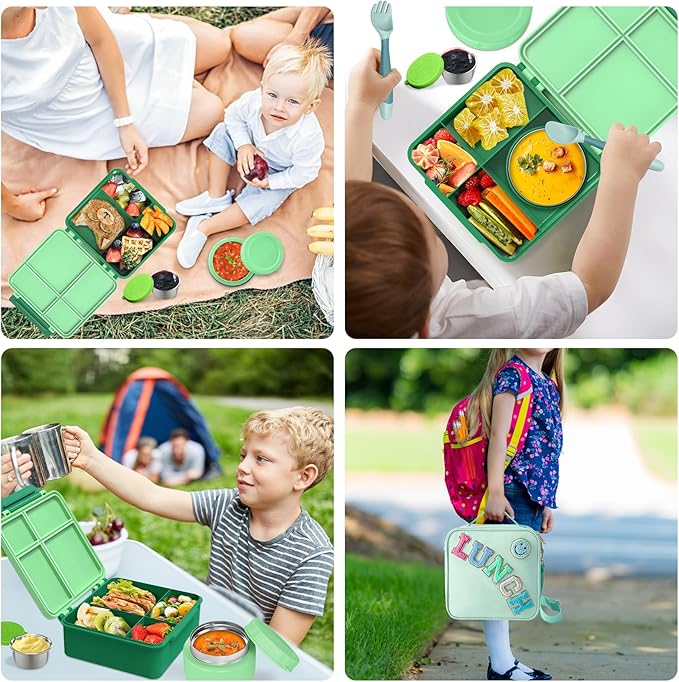 Aimsnk Kids Bento Lunch Box with 8oz Soup Thermo, Kids Leakproof Lunch Food Containers with 4 Compartment,Insulated Hot Food Jar with Lunch Bag for School, Travel (Green)