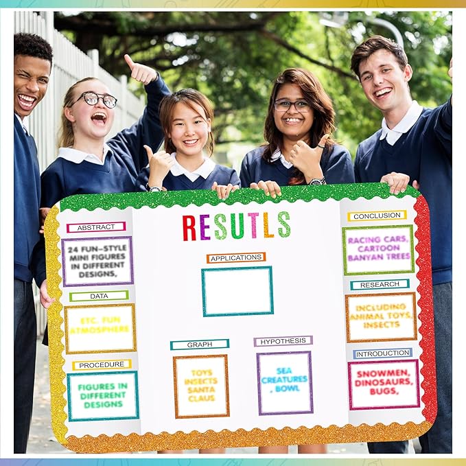 Sinload 92 Pcs Science Fair Board Supplies 60 Trim Scalloped Poster Boards 18 Presentation Subtitles 6 Project Titles 8 Letter Sticker for Classroom Display Boards (Glitter Neon,Wave)