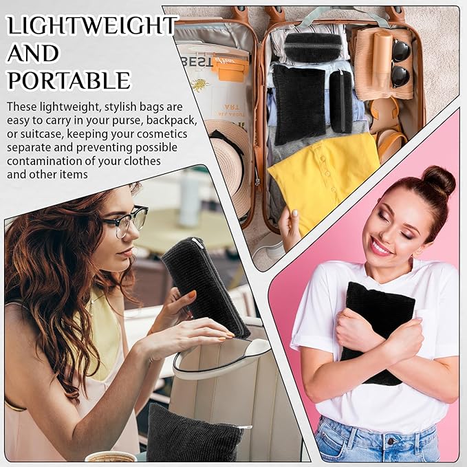 Huhumy 3 Pcs Makeup Bag Set for Women Corduroy Cosmetic Pouch Aesthetic Smile Travel Toiletry Bag Cute Purse Pouch Pencil Case Makeup Brushes Storage Organizer with Zipper(Black,Solid Style)