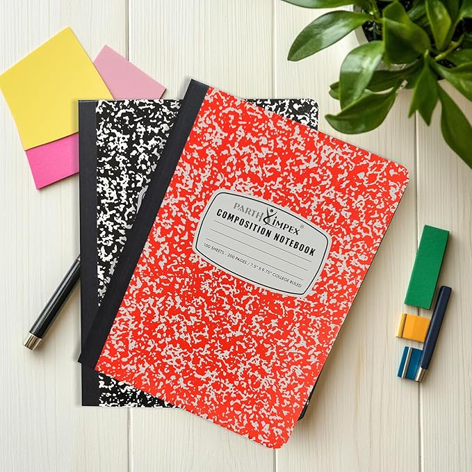 PARTH iMPEX 12 Pack Bulk Composition Notebooks College Ruled, 200 Pages (100 Sheets), 9-3/4 x 7-1/2, Hard Cover College Ruled Notebooks, Assorted Colors Composition Notebook For School Office