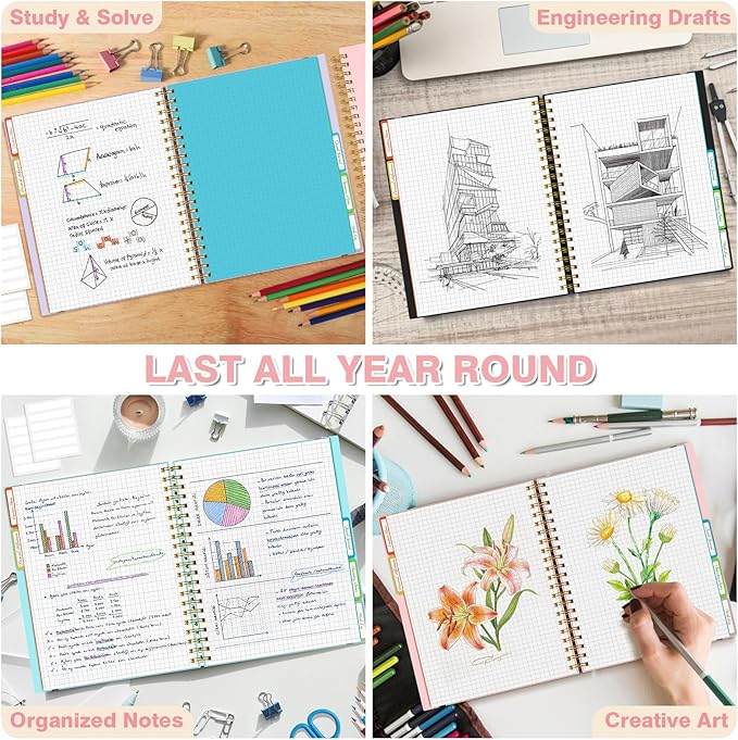 Graph Paper Notebook 8.5" X 11": 5 Subject Graphing Notebook with Removable Dividers, 300 Pages 100gsm Thick Spiral Grid Notebooks, 5x5 Graph Ruled Paper, Large A4 Math Journal for School Engineering