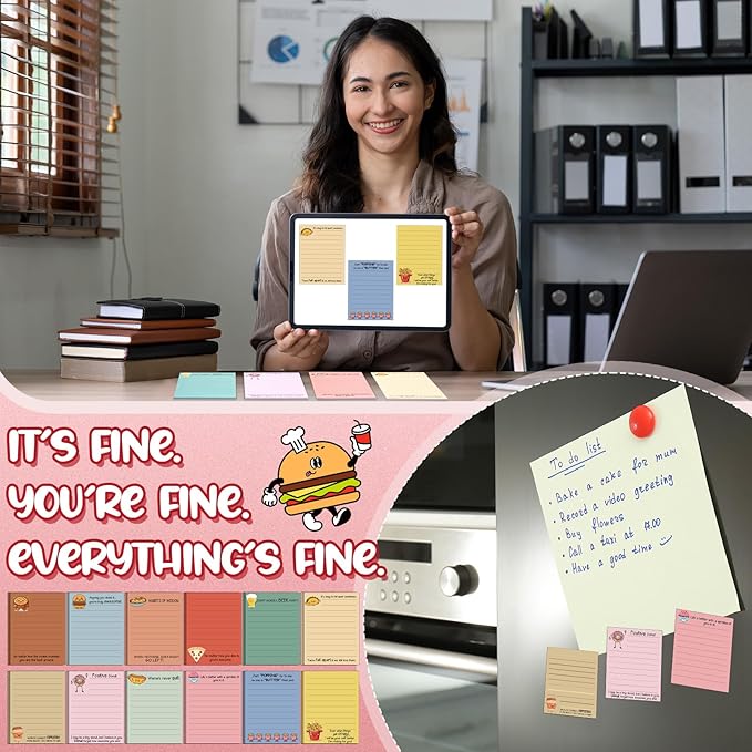 AmazingSpark 12 Pcs Cute Inspirational Sticky Notes, 4 * 3 Motivational Notepads Positive Emotional Support Gift Funny Lined Memo Note Pads for Office Desk Supplies Coworker Employee(Foods,Drinks)