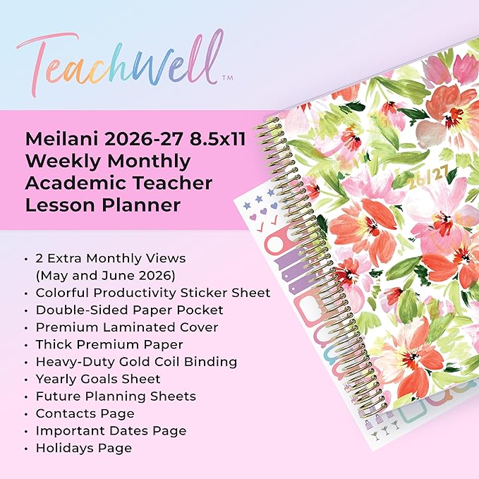 Blue Sky Teachwell 2026-2027 Weekly and Monthly Academic Year Teacher Lesson Planner Calendar, July 2026 - June 2027, 8.5" x 11", Flexible Cover, Heavy Duty Coil Binding, Colorful Interior, Laminated Tabs, Storage Pocket, Includes Stickers, Meilani