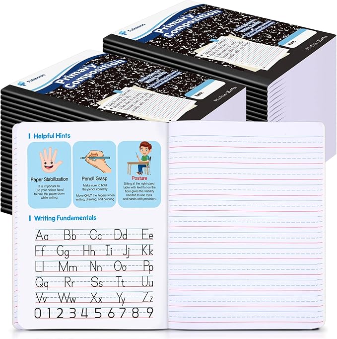 48 Pack Primary Composition Notebook,Grade K-2 Journal Wide 3 Line Ruled,80 Pages,Marble Cover,7-1/2" x 9-3/4" Primary Writing Notebook for Kindergarten Preschool,1st 2nd Grad (Black Color)