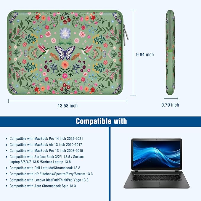 MOSISO Laptop Case 13.3 inch, 13-14 inch Laptop Sleeve Bag Compatible with MacBook Air/Pro 13/Pro 14, HP Dell ASUS Lenovo, Neoprene Hummingbird Plants Flowers Computer Bag with Small Case, Green