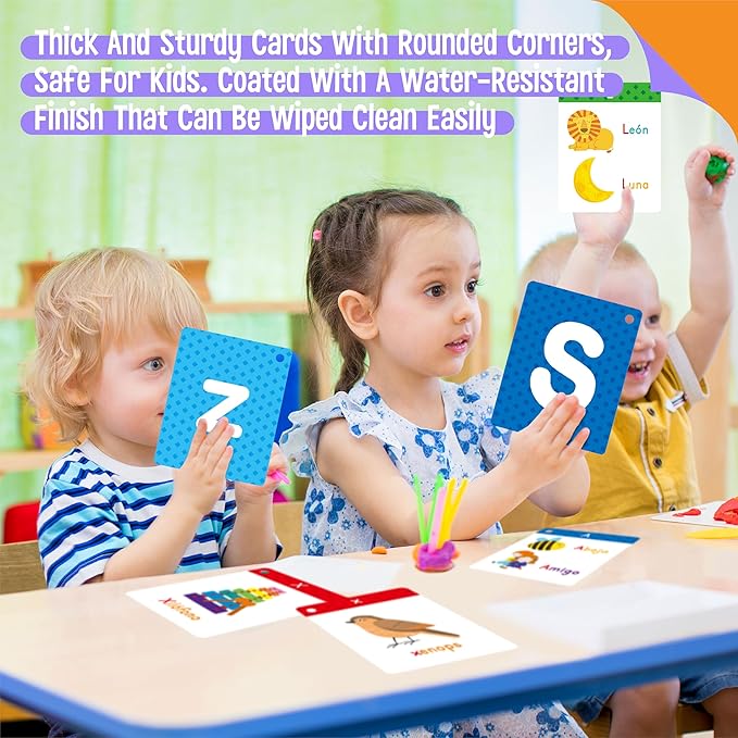 54 Spanish Alphabet Flash Cards, Uppercase & Lowercase Letter Cards, Jumbo Size Letter Sounds Flashcards, Letter Recognition Learning for Kids, Toddlers, Classroom, Preschool, Kindergarten