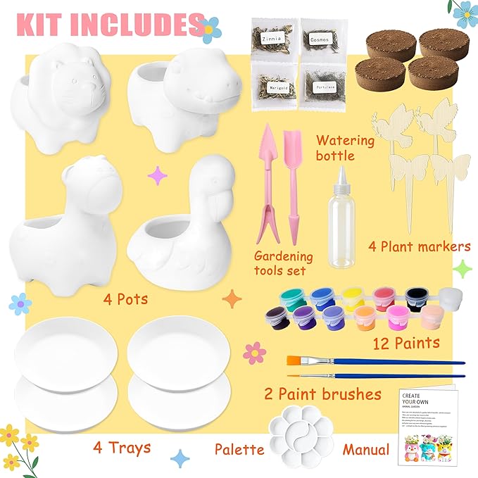 yasest Paint & Plant Flower Growing Kit for Kids - 4 Set DIY Animal Pattern Ceramic Painting Kit, Kids Gardening Set, Arts & Crafts for Ages 8-12, Birthday Gifts for 5 6 7 8 9 10 11 12 Year Old Girl
