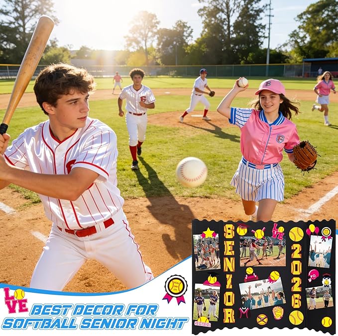Resurhang 4 Set 24''x16'' Softball Senior Night Gifts Senior 2026 Trifold Poster Board Photo Display Board with 12 Sheet Sports Themed Stickers for Graduation Picture Frame Sport Theme Party Supplies