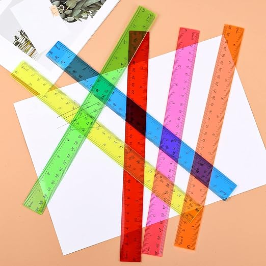 Unjoo Clear Plastic Ruler 12 Inch Straight Rulers, Bulk Assorted Colors, Shatterproof Ruler with Inches and Centimeters for School Classroom, Home, or Office (8 Pack)