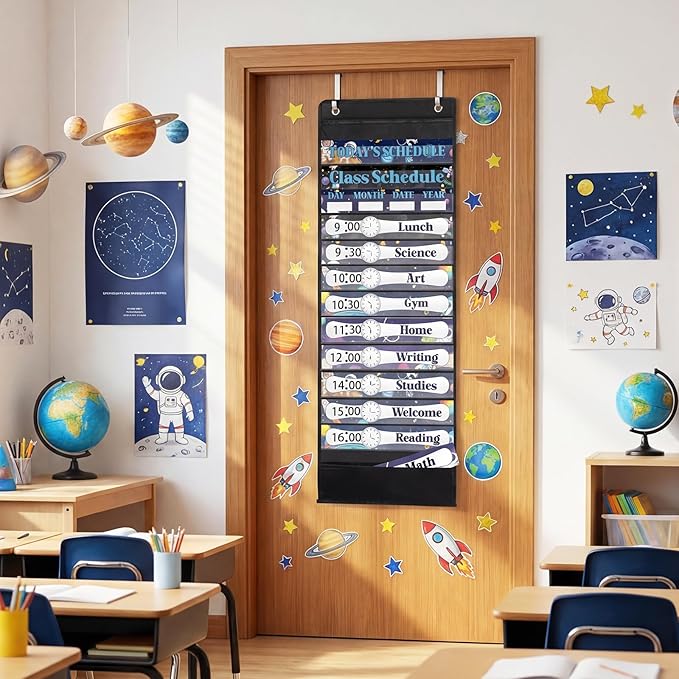 Daily Schedule Pocket Chart For Classroom Decor With 13+1 Pockets And 42 Designed Schedule Cards, Teacher Supplies For Preschool Classroom Home Office Back To School Decorations(Starry sky)