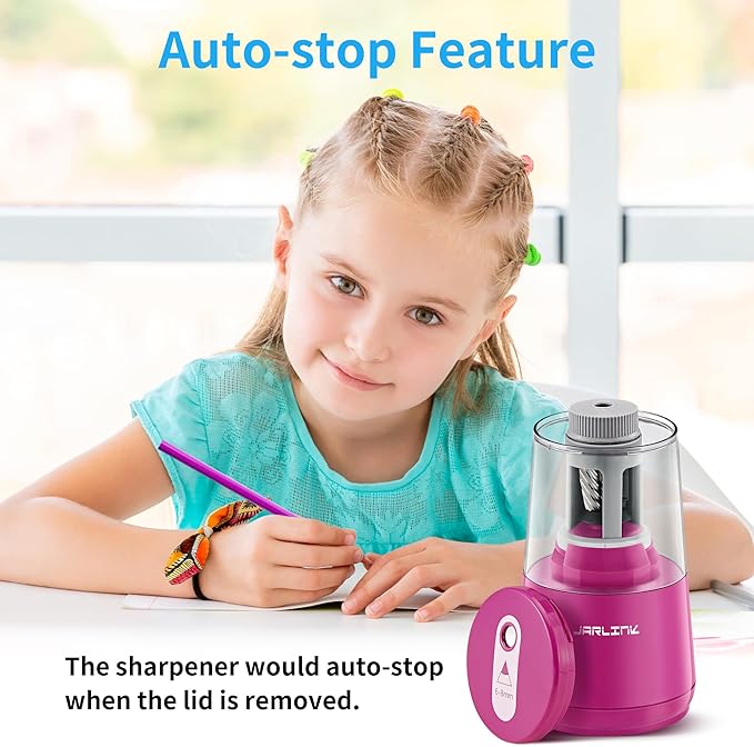 JARLINK Electric Pencil Sharpener, Heavy-Duty Helical Blade to Fast Sharpen, Auto Stop for No.2/Colored Pencils(6-8mm), AC Adapter/Battery Operated in School Classroom/Office/Home (Pink)