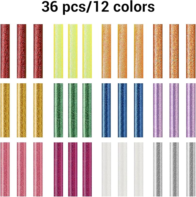 ENPOINT Color Glitter Hot Glue Sticks, 8" Long x 0.27" Dia Hot Melt Glue Sticks Mini Size, Craft Adhesive Waxing Sticks Bulk for Cards, Sealing, Holiday Decoration, Art, DIY, 36 Pack