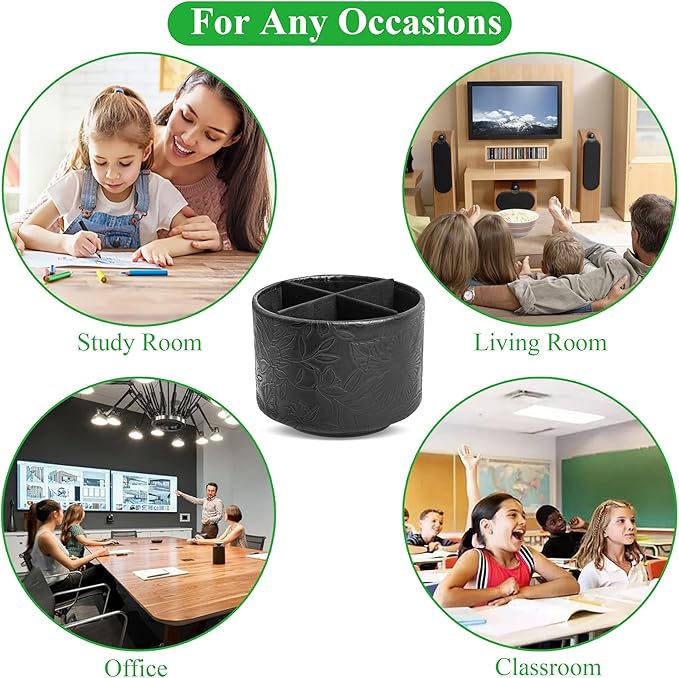 Round Leather Art Supply Organizer,Remote Control Holder,360 Degree Spinning,Multi-Functional Pencil Holder,4 Compartments Desktop Stationary Organizer(1-Carved Black)