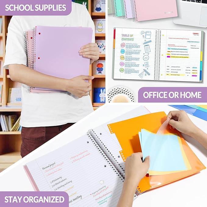 SUNEE 5 Subject Notebook College Ruled - 400 Pages, 9"x11", 5 Pocket Colored Dividers, 3-Hole Punched Paper, Purple