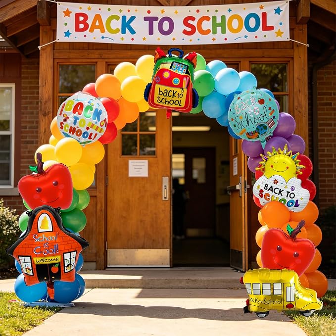 8PCS Back to School Balloons Set, School Bus, Apple, Backpack, School, Sun Foil Balloons, 18 Inch Round Back to School Balloons for Classroom Decorations, First Day of School Party Supplies