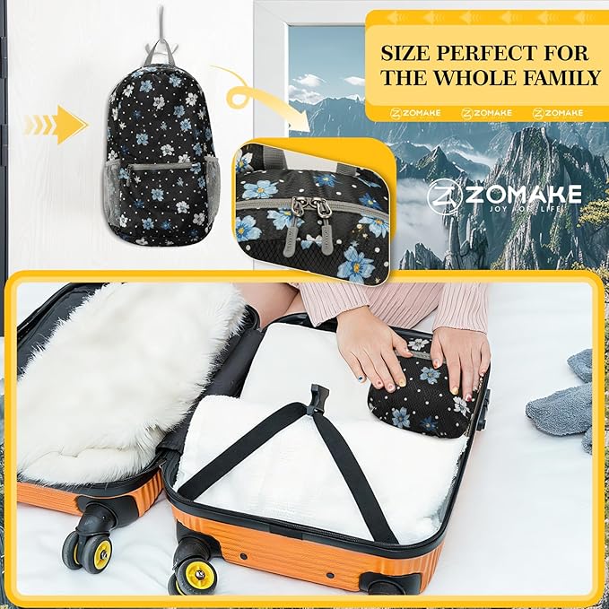 ZOMAKE Ultra Lightweight Hiking Backpack 20L, Packable Small Backpacks Water Resistant Daypack for Women Men(Black,Floral pattern)