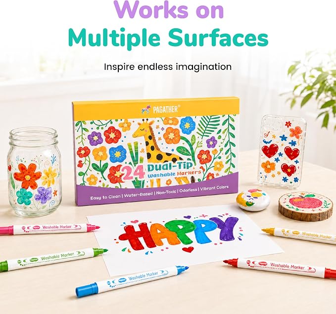 Pagather Washable Markers, 24 Colors Dual Tip Dot & Conical Pens for Kids