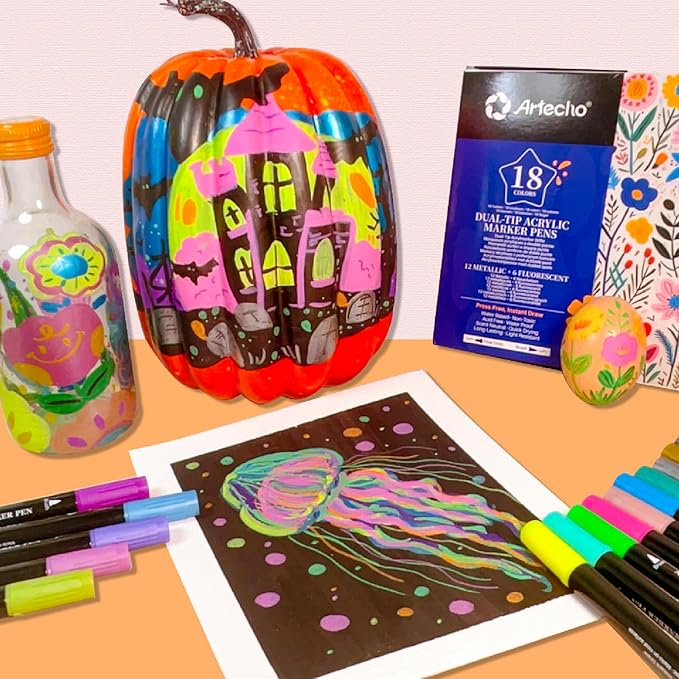 Artecho Acrylic Paint Markers 18 Colors include 12 Metallic + 6 Fluorescent Colors, for Stone, Rock Painting, Paper, Pumpkin, Wood, Egg, Canvas, Ceramic, Fabric, leather, Glass, DIY Crafts