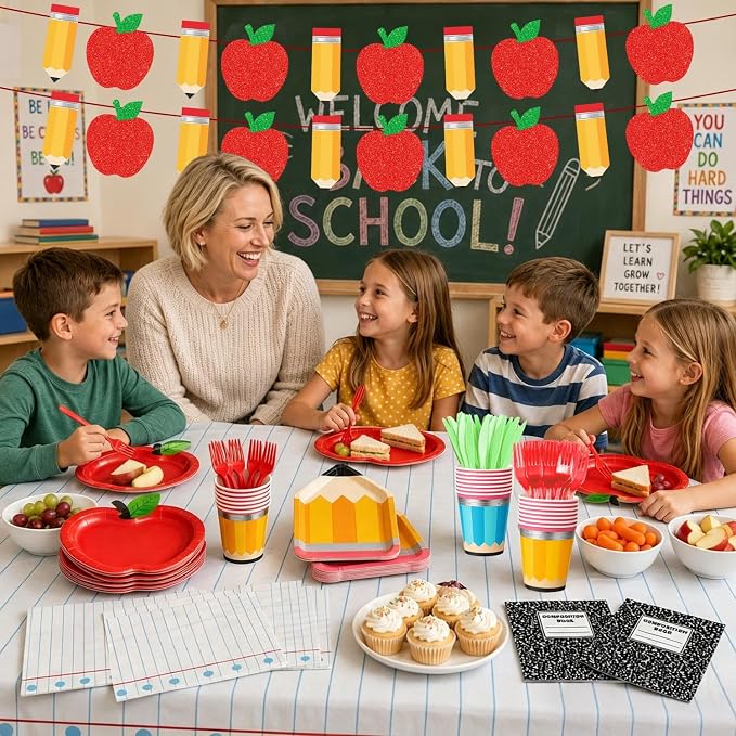 QIYANPAX 122Pcs Back to School Decorations Includes Apple Plates, Pencil Plates, Napkins, Forks, Cups, Banner and Tablecloth for First Day of School Decorations, Serves 24