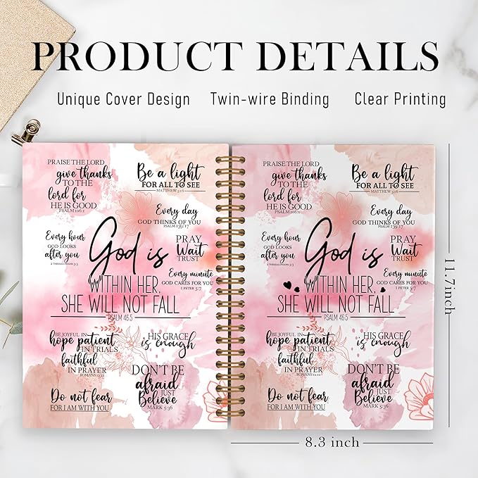 QLMX Pink God Is Within Her She Will Not Fall Spiral Notebook, Christian Gifts for Women A4 Journal Notebook, Bible Notebooks for School Work, Inspirational Religious Office Supplies Gifts, 8.3x11.7In