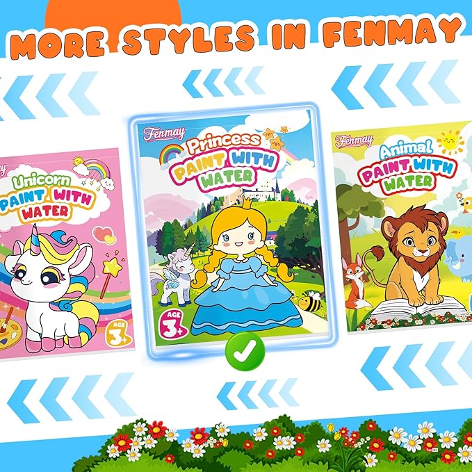 Fenmay Paint with Water Books for Kids, Mess Free Coloring Books with 2 Premium Brushes for Kids Ages 3-5, 4-8, Arts and Crafts Drawing Activities Birthday Gift (Princess)