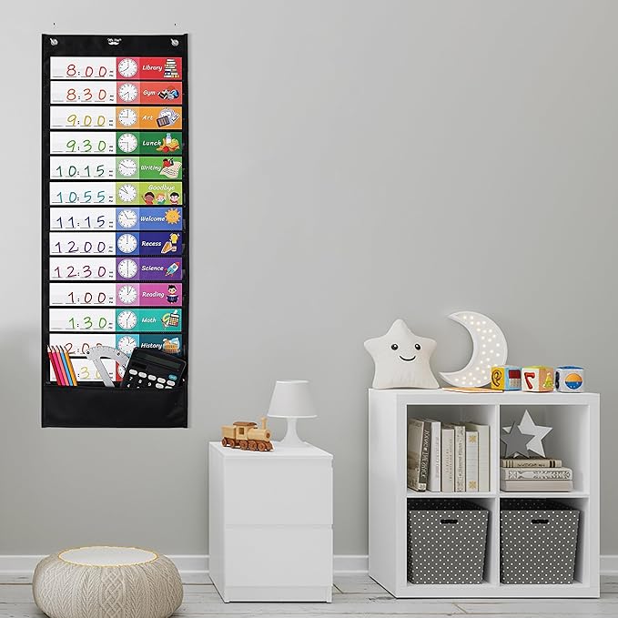 Mr. Pen Daily Schedule Pocket Chart, 13+1 Pockets, 26 Double Sided Reusable Cards (13 Colored+13 Blank), 12.8'x35', Classroom Schedule Chart