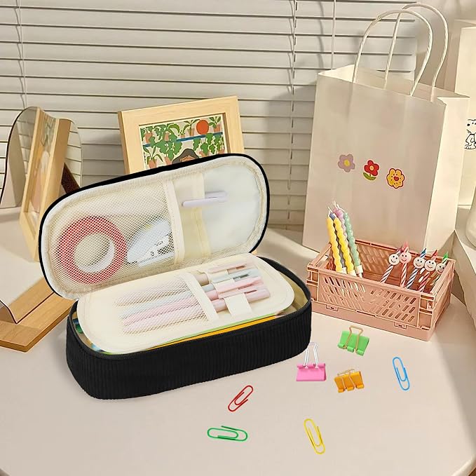 Zzrywuty Aesthetic Pencil Case, Large Capacity Soft Corduroy Pouch with Handle, Wide Opening Black Cute Stationery Bag & Organizer for School Office, Teens Adults