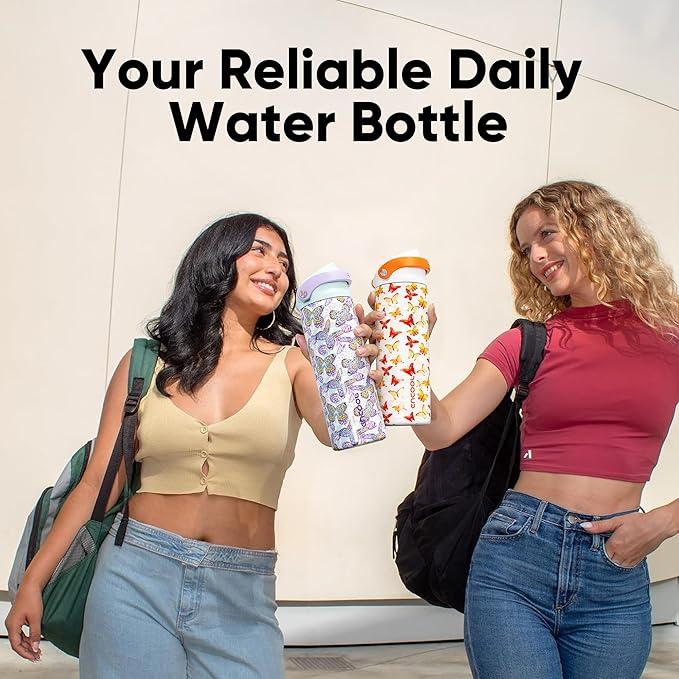 ENCOOL Leakproof Insulated Water Bottle with Straw Dual-Sip Water Bottle Bag-Safe Design for Work, Commute & Gym – Keeps Drinks Cold All Day, 32 oz, Sunset Butterflies