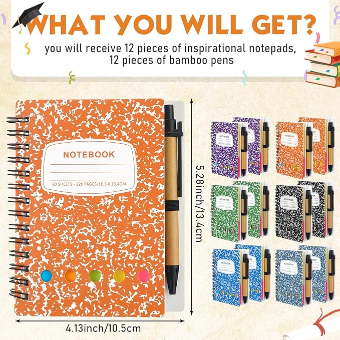 Dunzoom 12 Sets Spiral Notebook Bulk, Steno Pads Lined Notepad with Pen, Sticky Notes Colored Index Tabs, 5.2" x 4.1" Pocket Notebook for Home Business Office Supplies, 60 Sheets (Multicolor)