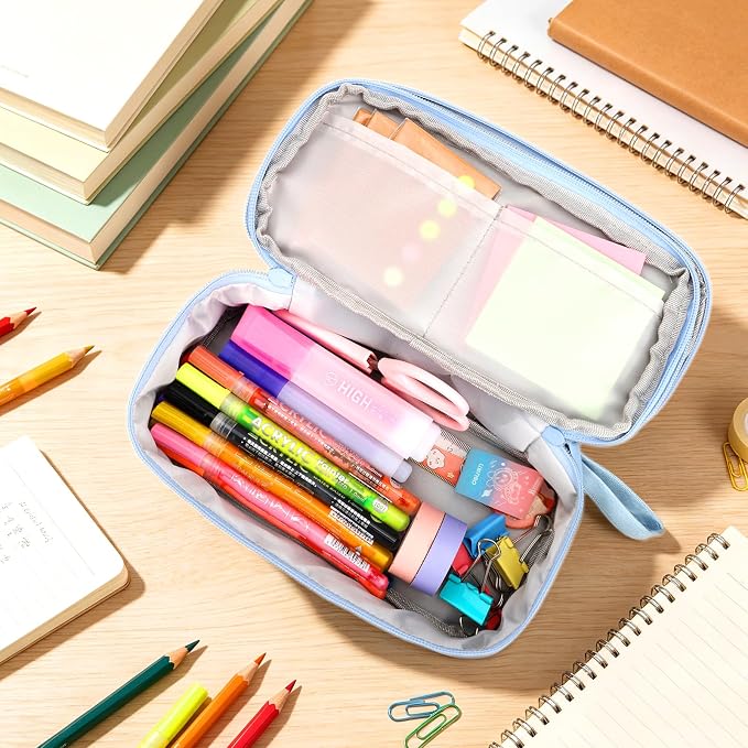 Double Layer Large Big Capacity Pencil Case Pouch Bag with Double Zipper | 5 Compartments Multiple Pockets, Aesthetic Canvas Stationery Pen Case Bag for Teens Girls,Boys,Students,College