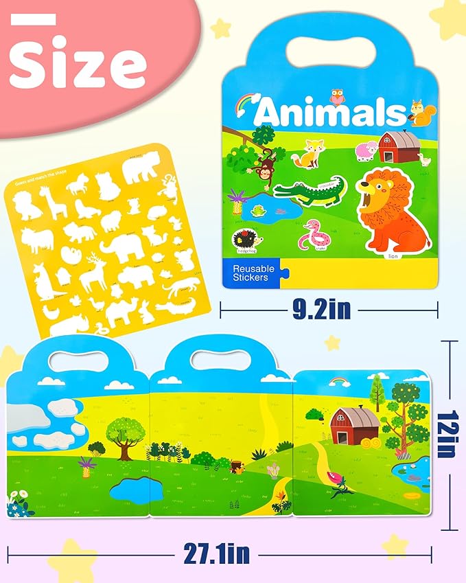 Benresive Reusable Sticker Book for Toddlers, Stickers for Kids, Travel Toys for Arts & Crafts Activities, Birthday Gift for Boys & Girls, Animal Themes