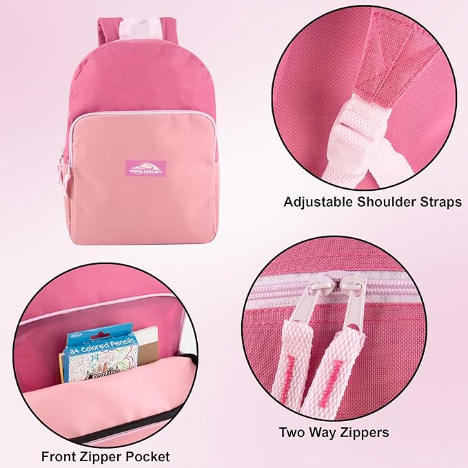 Trail maker 15 Inch Backpack for Girls, Preschool, Elementary & Middle School Students – Spacious Bookbag with Large Front Pocket, Adjustable Straps, Fits up to 13 Inch Laptop (Pink)