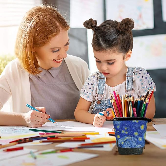 Starry Night Kids Standing Pencil Case Girls Boys Telescopic Stationary Pouch with Zipper Large Capacity Stand up Pen Bag Portable Makeup Holder for Children School Students Office Supplies