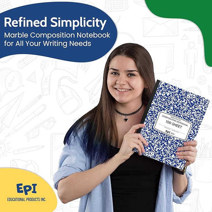4 Pack - EPI Wide Ruled Marble Composition Notebook - Blue 200 Page Note Book - 9.75 x 7.5 Inch Hardcover Journal with Sewn Binding for Secure Pages - Classroom Back to School Supplies