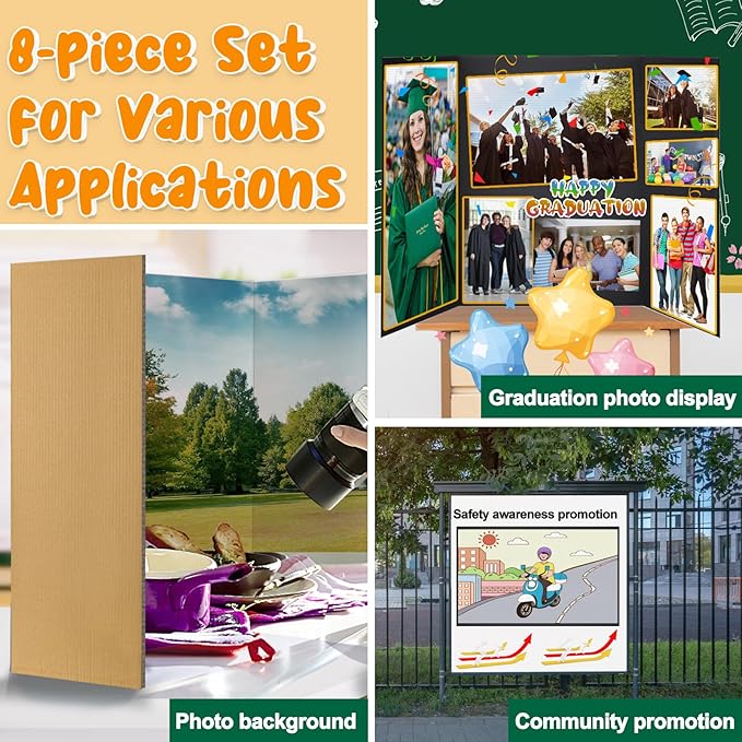 8 PCS Trifold Poster Board - 16" x 23" Small Tri Fold Display Board Hard & Thick Black Presentation Cardboard for Science Fair, School Projects, Business Supply