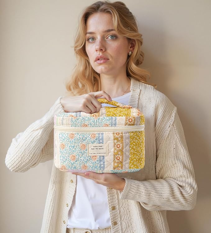 HBselect Quilted Makeup Bag, 3Pcs Cotton Large Travel Makeup Bags Organizer | Cute Floral Make up Bag Cosmetic Bag Toiletry Bag for Women Girls, Makeup Pouch for Skincare, Brushes & Travel Essentials