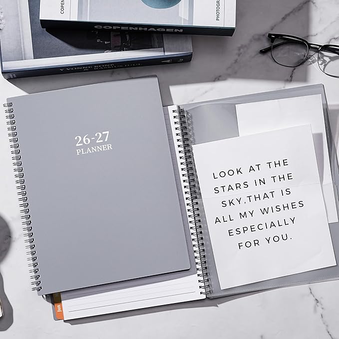 Planner 2026-2027 - July 2026 - June 2027, Academic Planner 2026-2027, 26-27 Planners Weekly and Monthly with Colorful Tabs, 9" x 11", Monthly Calendar Planners with Twin-wire Binding, Pocket - Grey