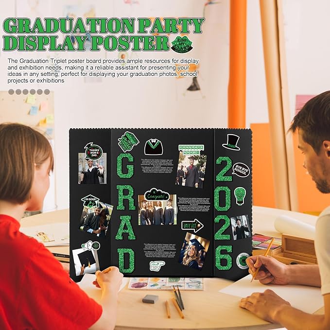 MiniInflat 4 Set 2026 Graduation Picture Trifold Poster Board Double-Sided Foldable Photo Display Board Graduation Decoration for Class of 2026 High School College DIY Craft(Green,24 x 16 Inches)