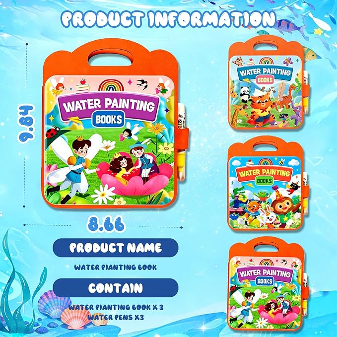 Usmfuie Water Coloring Book for Toddlers 1-3 - Mess Free Reusable Magic Reveal Montessori Painting Book with Water Pen - No Mess Paint with Water Activity for Kids Ages 2-4